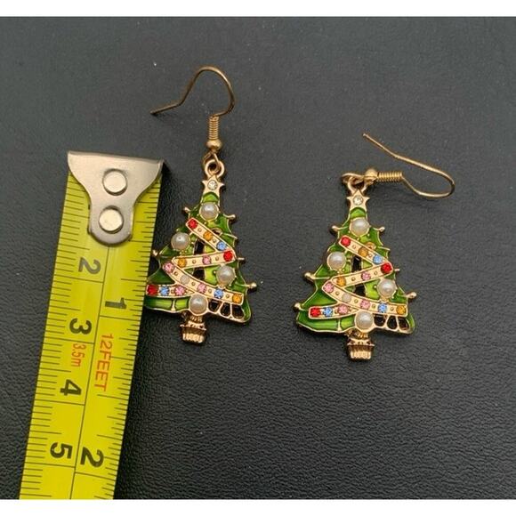 Colorful Rhinestone & Faux Pearl Gold Tone Christmas Tree Dangle Earrings - Picture 3 of 4